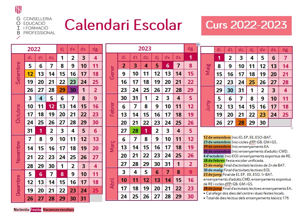 Calendari curs escolar 20222023 Noticia